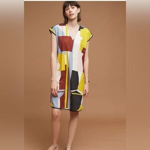 34 Degrees (Anthro) Raw Silk Colorful Geometric V-Neck Mini Dress